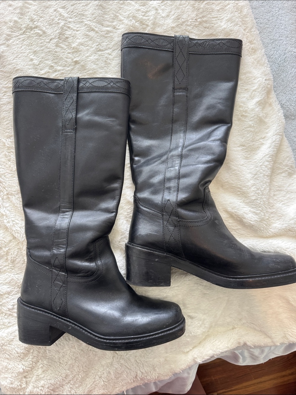 Frye Black Leather Mid-Calf Block Heel Boots